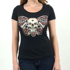 Lucky 13 Mariposa Sugar Skull Fitted Scoop Neck Te
